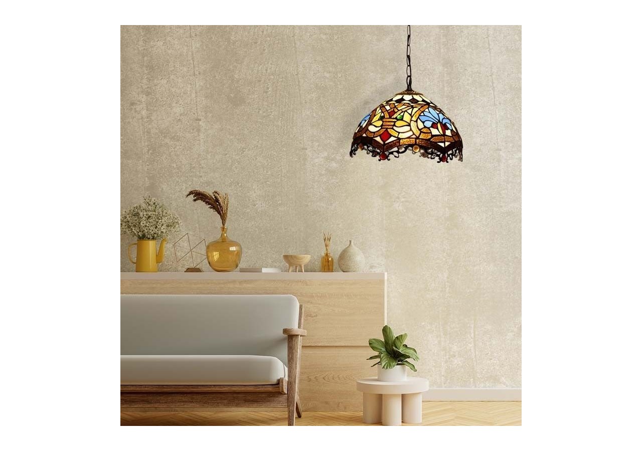 Suspension d'inspiration Tiffany avec mosaïque florale en verre - L3078 - Barcelona LED