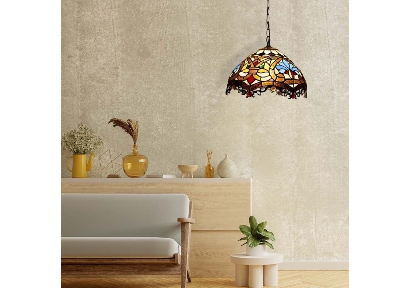 Suspension d'inspiration Tiffany avec mosaïque florale en verre - L3078 - Barcelona LED