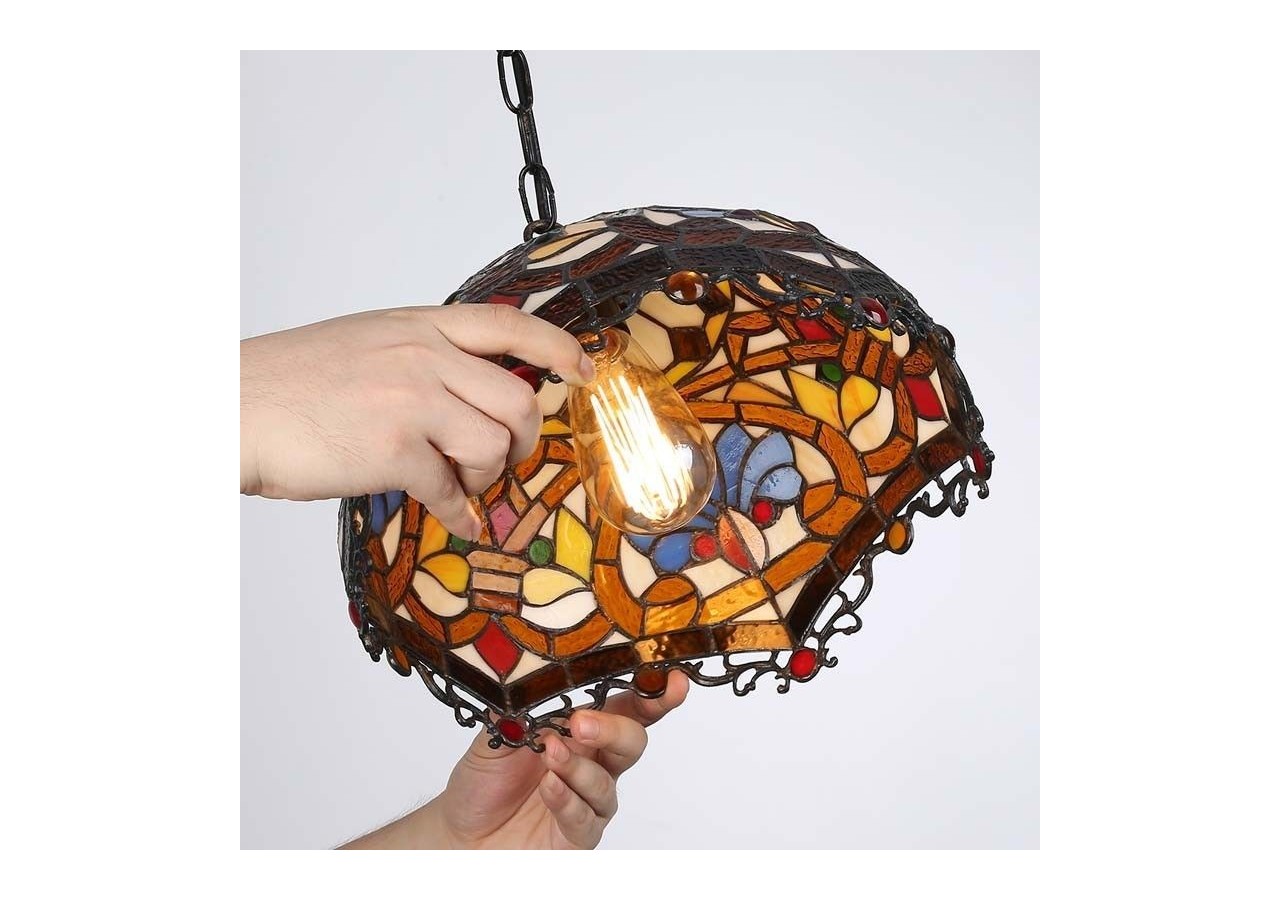 Suspension d'inspiration Tiffany avec mosaïque florale en verre - L3078 - Barcelona LED