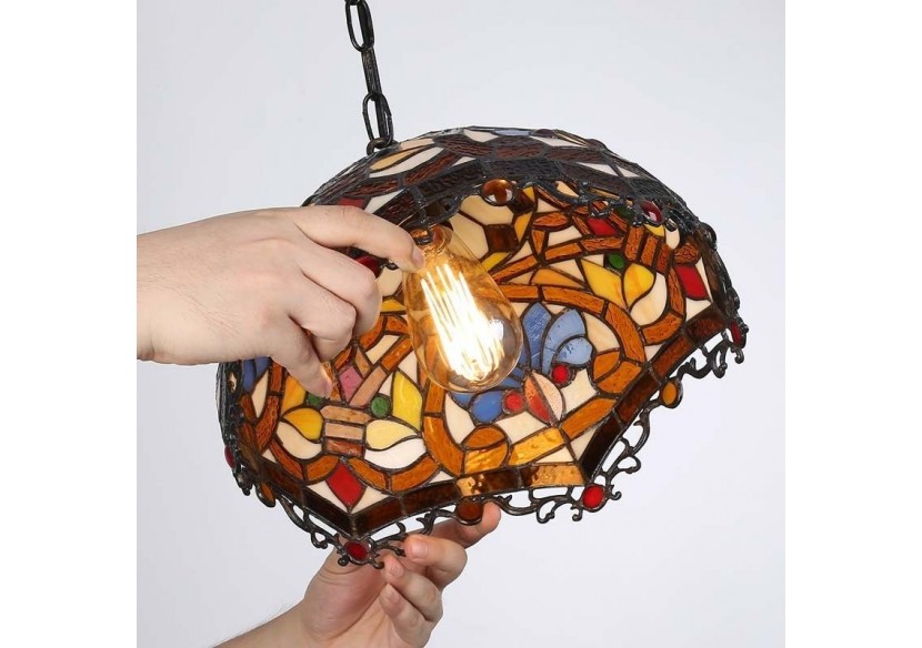 Suspension d'inspiration Tiffany avec mosaïque florale en verre - L3078 - Barcelona LED