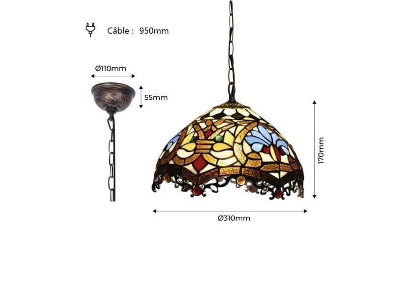 Suspension d'inspiration Tiffany avec mosaïque florale en verre - L3078 - Barcelona LED