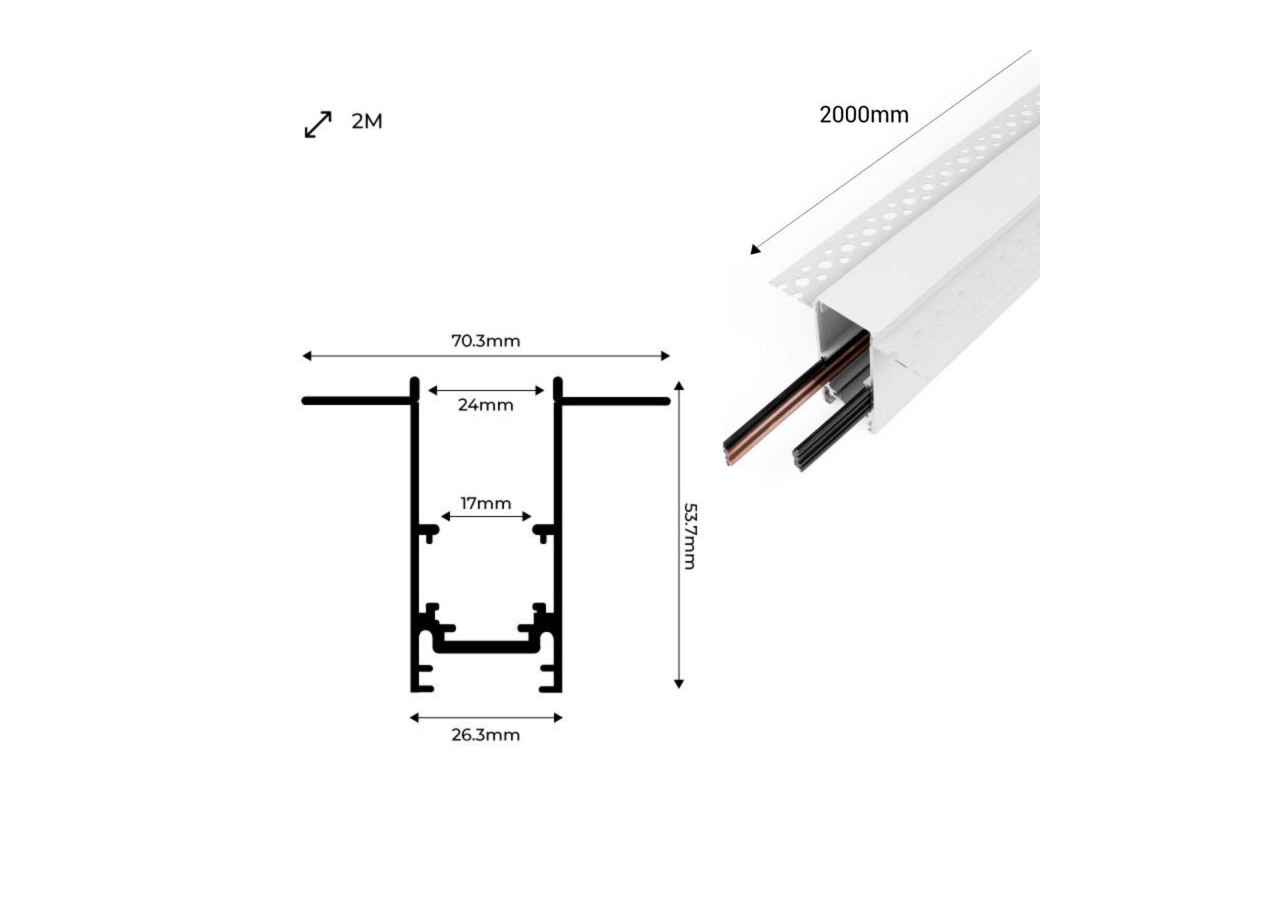 Rail magnétique intégré 20mm 48V-2 mètres - CMI-200-B - Barcelona LED