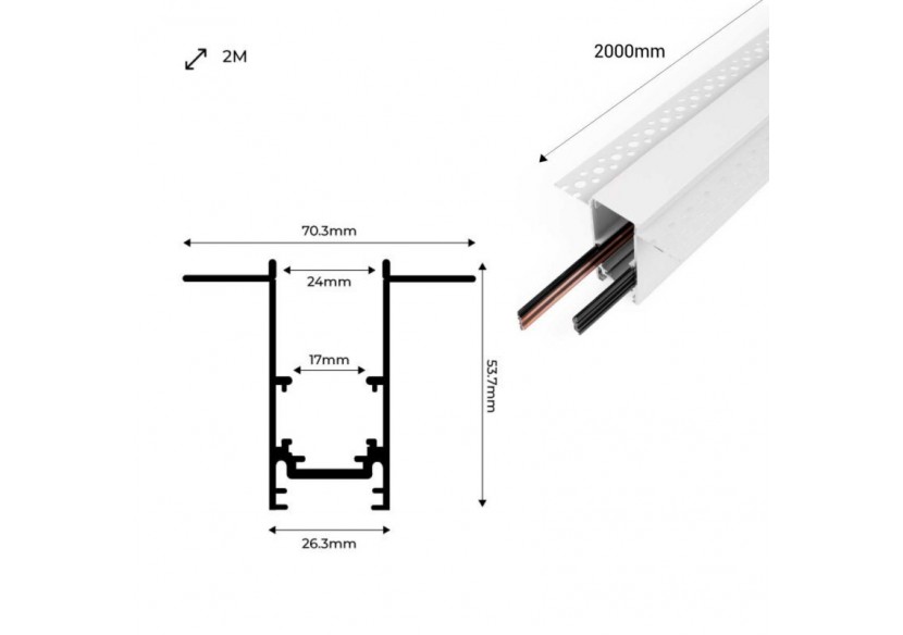 Rail magnétique intégré 20mm 48V-2 mètres - CMI-200-B - Barcelona LED