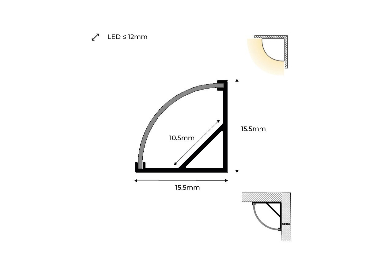 Profilé d'angle en aluminium avec diffuseur, 4 embouts et 4 clips-Ruban LED jusqu'à 12 mm-2 mètres - PXG-1616-N - Barcelona LED