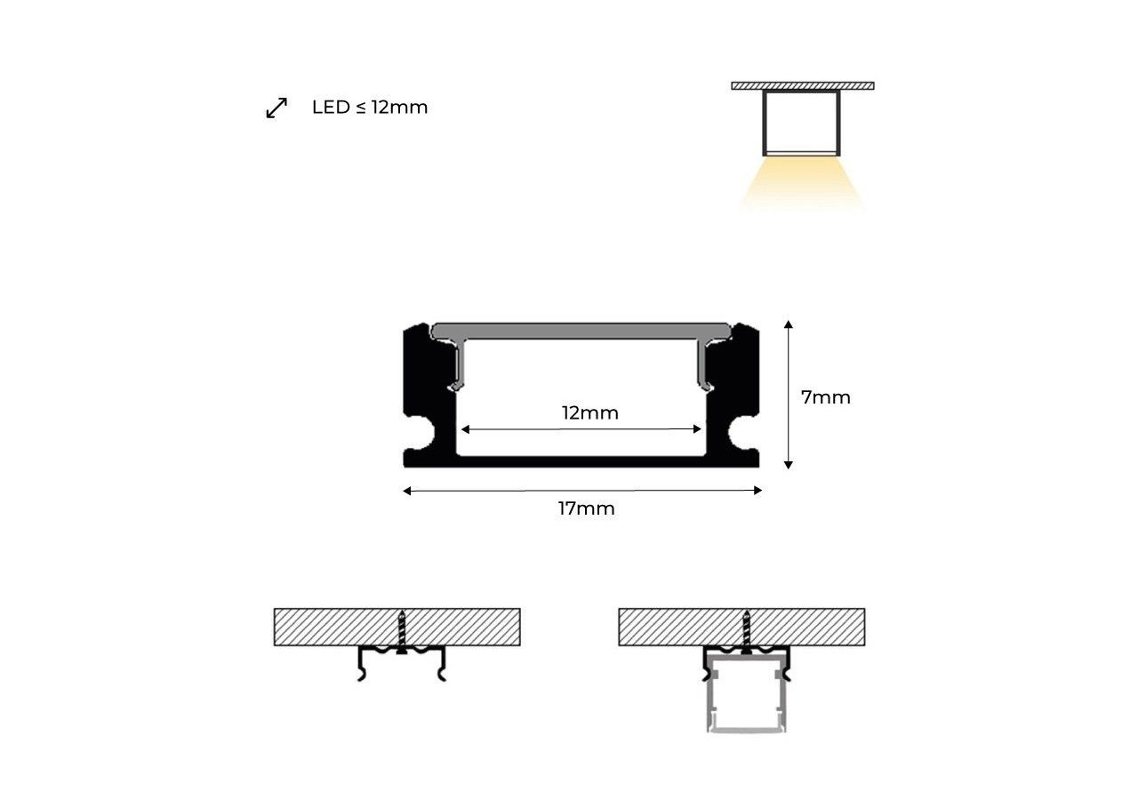 Profilé de surface en aluminium 2m avec diffuseur, 4 embouts 4 agrafes-Ruban LED jusqu'à 12 mm - PXG-204-N - Barcelona LED
