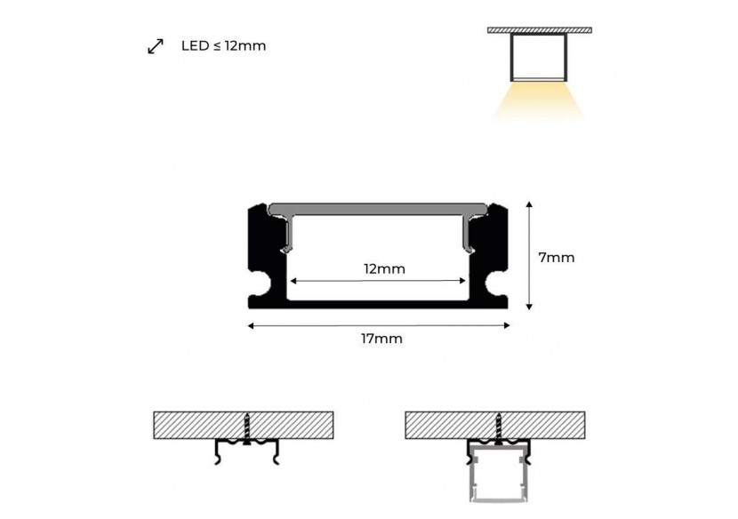 Profilé de surface en aluminium 2m avec diffuseur, 4 embouts 4 agrafes-Ruban LED jusqu'à 12 mm - PXG-204-N - Barcelona LED