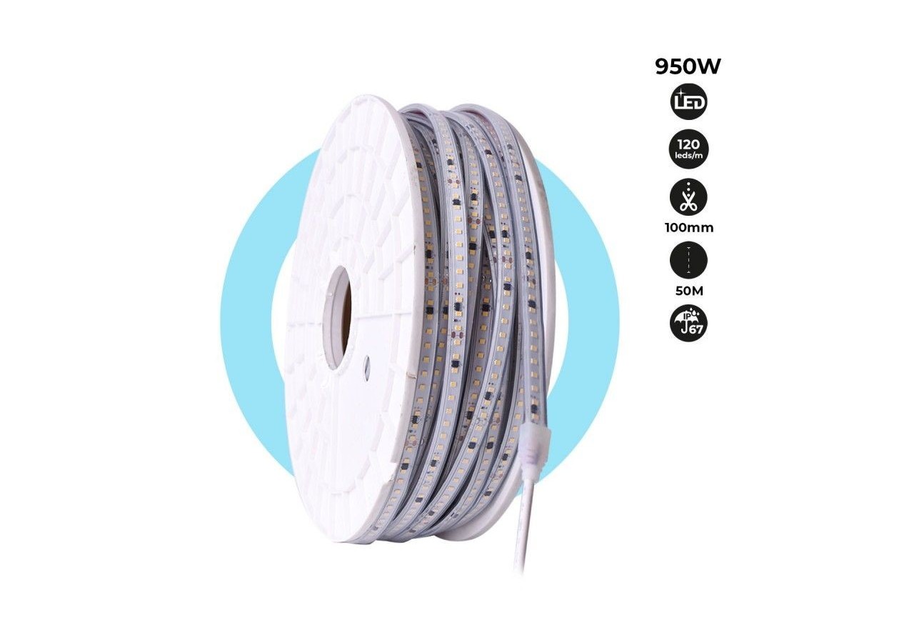 Ruban LED 220V-950W (6000xSMD2835) 12mm-Extérieur(IP67)-Rouleau 50 mètres-Sécable tous les 10cm - B1550-50-BF - Barcelona LED