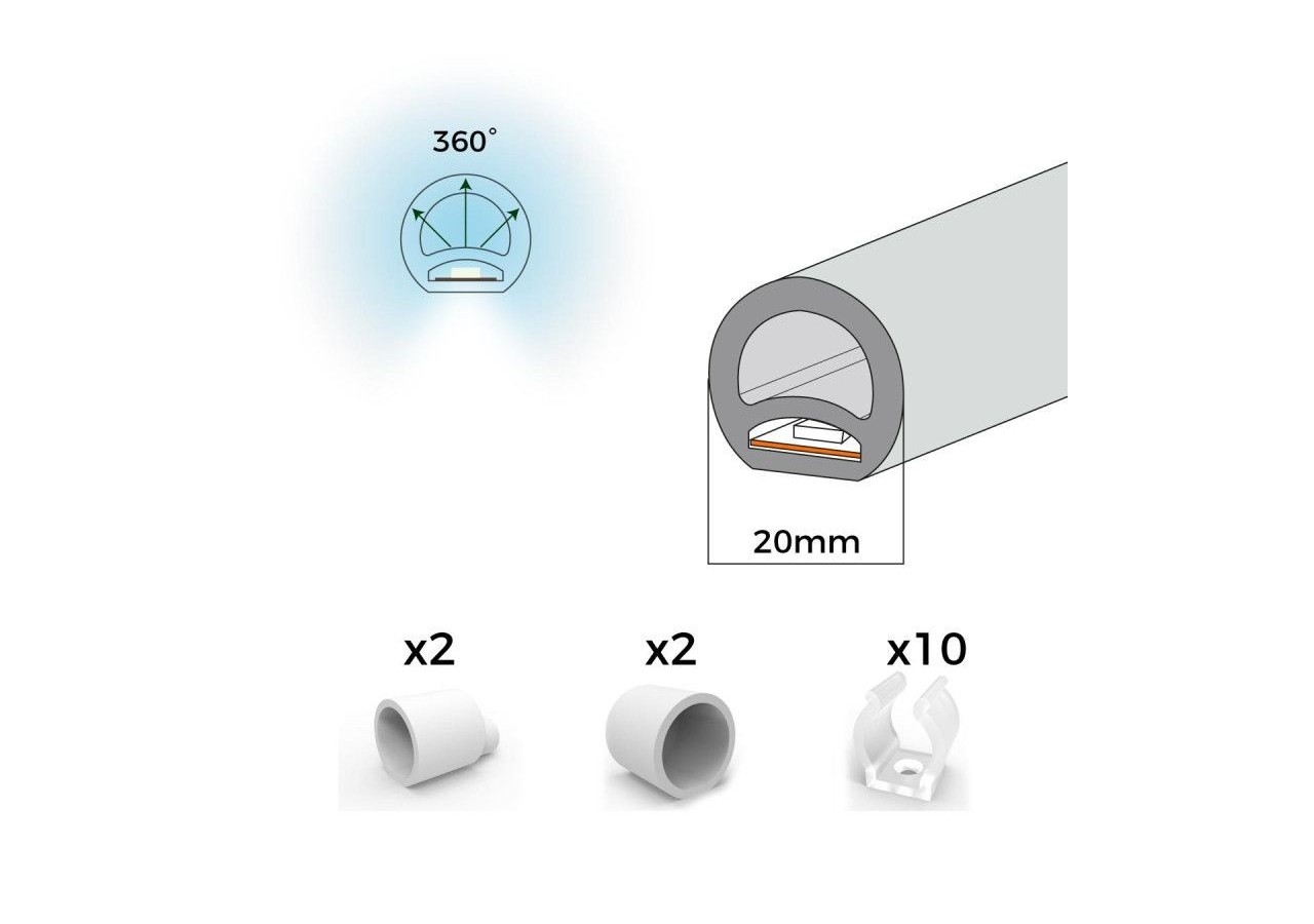 Néon LED flexible circulaire 360 degrés-24V DC-diamètre 20mm-5 mètres-13W/m-Kit complet-IP67 - N20D-5M-BF - Barcelona LED