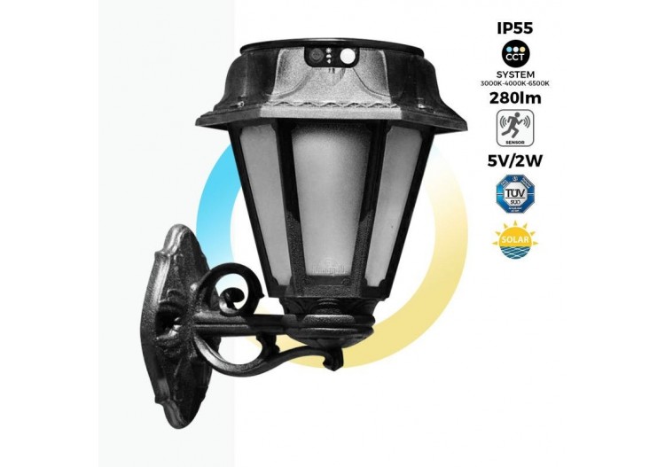 Lanterne murale solaire extérieure "BISSO/ROSETTA" capteur PIR-3 modes de fonctionnement-CCT - R22.131.000.AFS1K - Barcelona LED