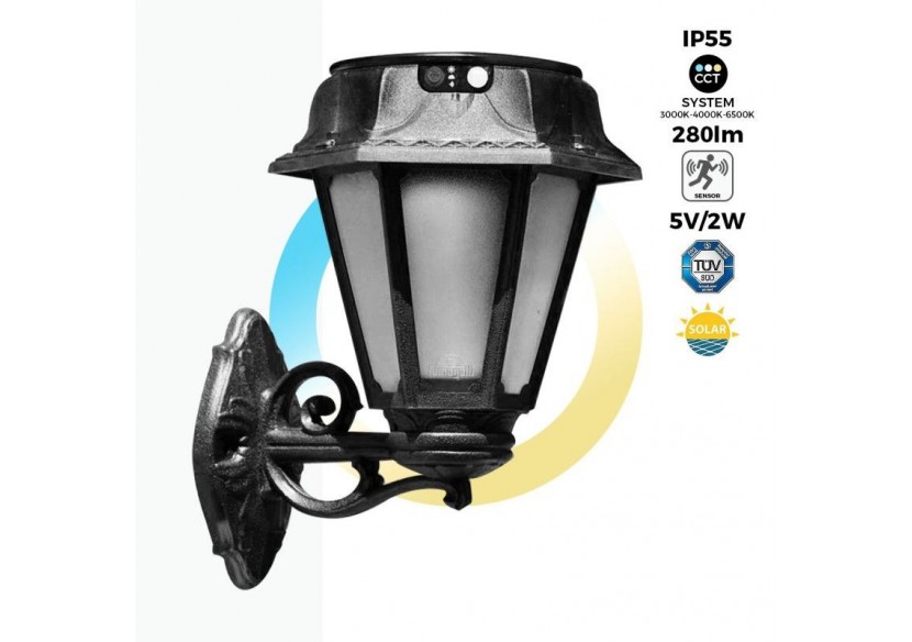 Lanterne murale solaire extérieure "BISSO/ROSETTA" capteur PIR-3 modes de fonctionnement-CCT - R22.131.000.AFS1K - Barcelona LED