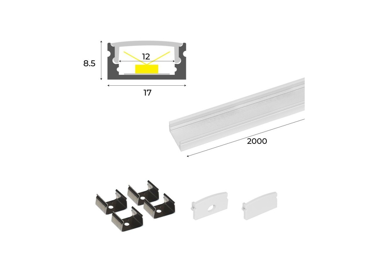 Profilé saillie en aluminium pour bande LED avec diffuseur-17x8mm-4 clips-2 embouts-2m - KPERF17X8-B - Barcelona LED