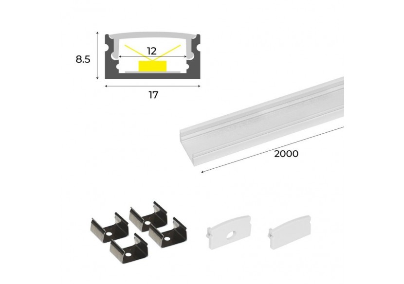 Profilé saillie en aluminium pour bande LED avec diffuseur-17x8mm-4 clips-2 embouts-2m - KPERF17X8-B - Barcelona LED