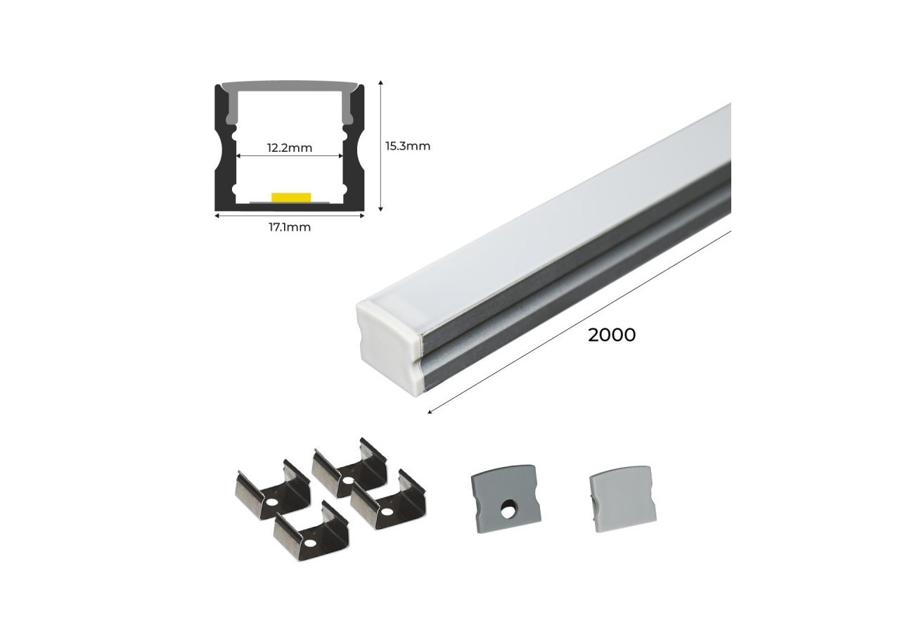 ﻿Profilé saillie en aluminium pour bande LED avec diffuseur-17x15mm-4 clips-2 embouts-2m - KPERF17X15-P - Barcelona LED