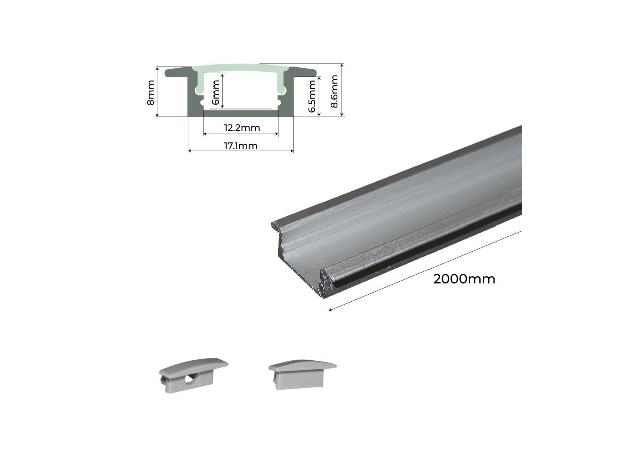 Profilé encastré en aluminium pour bande LED avec diffuseur-23x8mm-2 embouts-2m - KPERF23X8-P - Barcelona LED