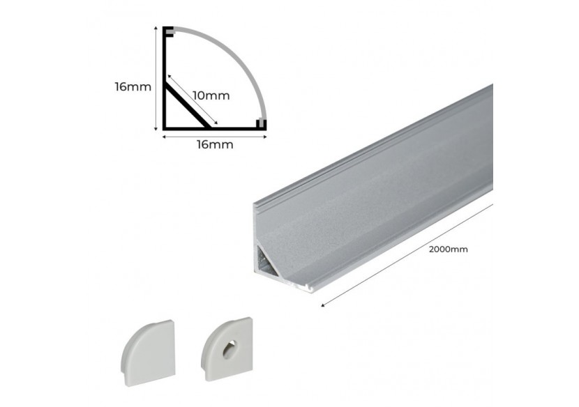 Profilé d'angle en aluminium pour ruban LED avec diffuseur-16x16mm-4 agrafes-2 embouts-2m - KPERF16X16-P - Barcelona LED