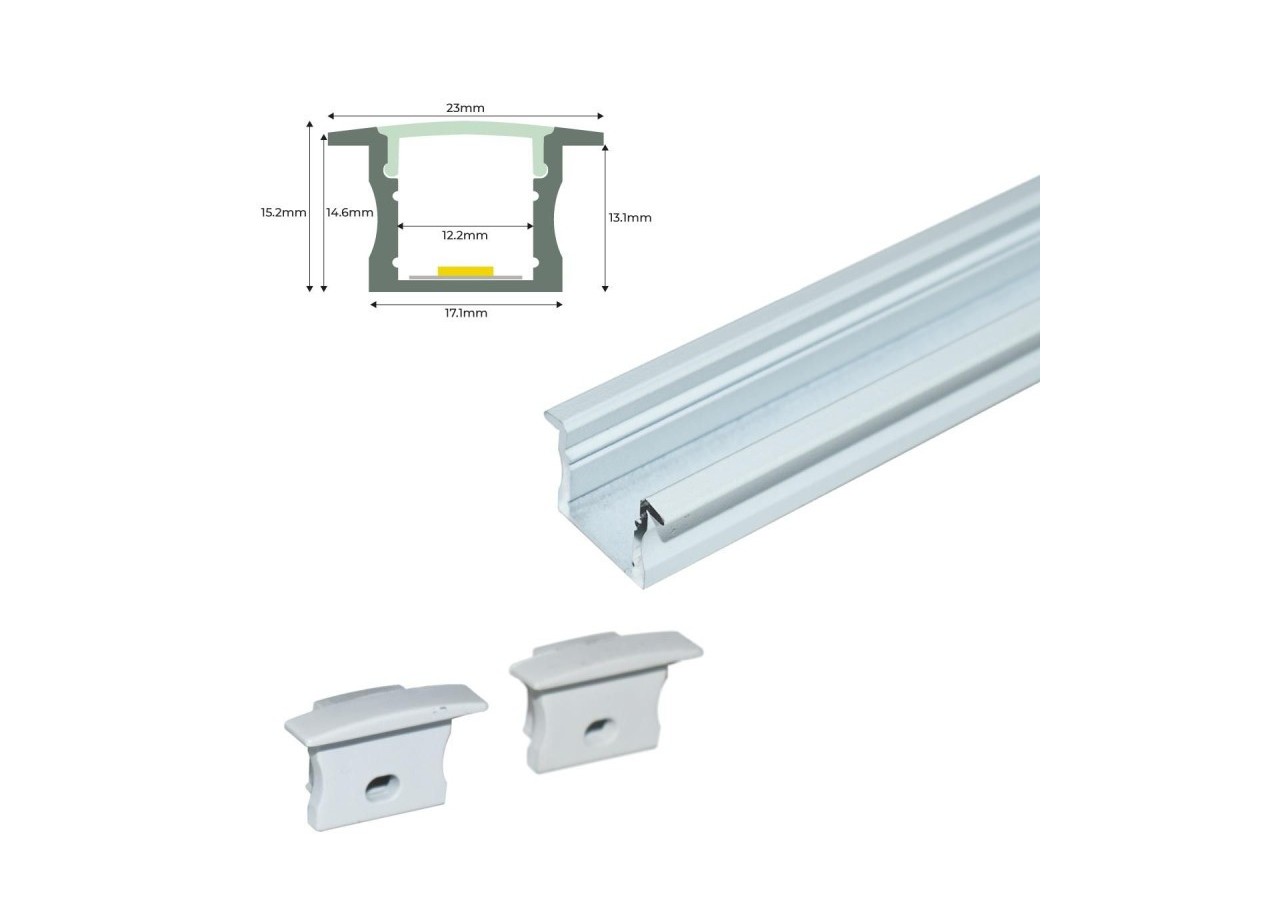 Profilé encastré en aluminium pour bande LED avec diffuseur-23x15mm-2 embouts-2m - KPERF23X15-B - Barcelona LED