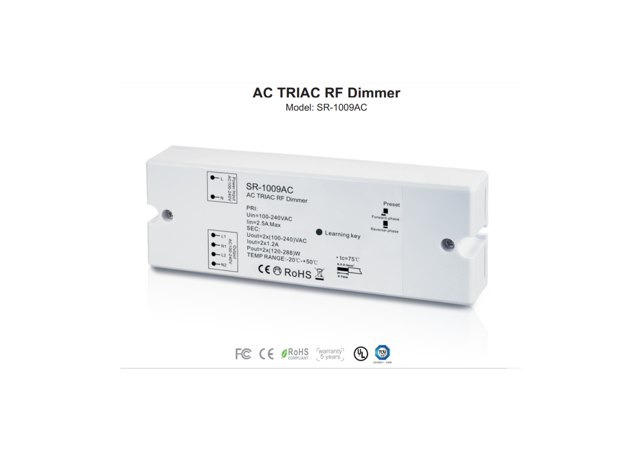 Contrôleur monocouleur dimmable-AC TRIAC RF Dimmer-2 canaux 1,2A/ch-100-240VAC-SUNRICHER Perfect RF - SR-1009AC - Barcelona LED
