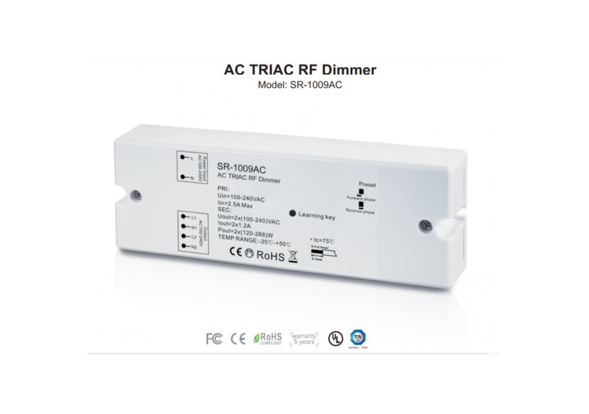 Contrôleur monocouleur dimmable-AC TRIAC RF Dimmer-2 canaux 1,2A/ch-100-240VAC-SUNRICHER Perfect RF - SR-1009AC - Barcelona LED