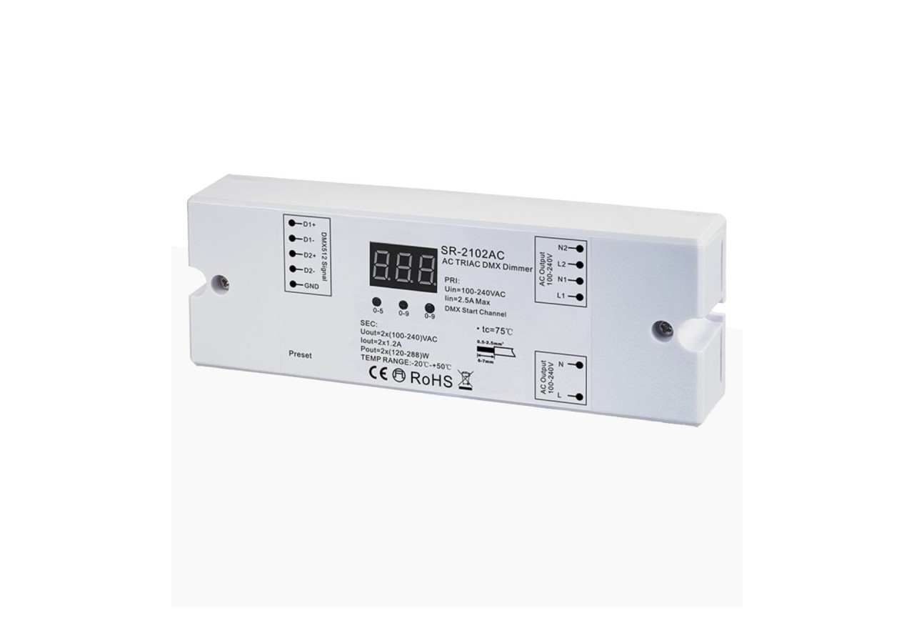 Contrôleur AC TRIAC monochrome-DMX Dimmer-2 canaux 1,2A/ch-100-240V-Sunricher - SR-2102AC - Barcelona LED