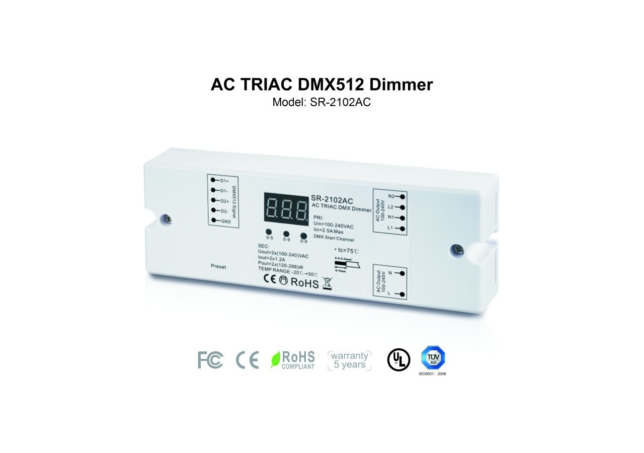 Contrôleur AC TRIAC monochrome-DMX Dimmer-2 canaux 1,2A/ch-100-240V-Sunricher - SR-2102AC - Barcelona LED