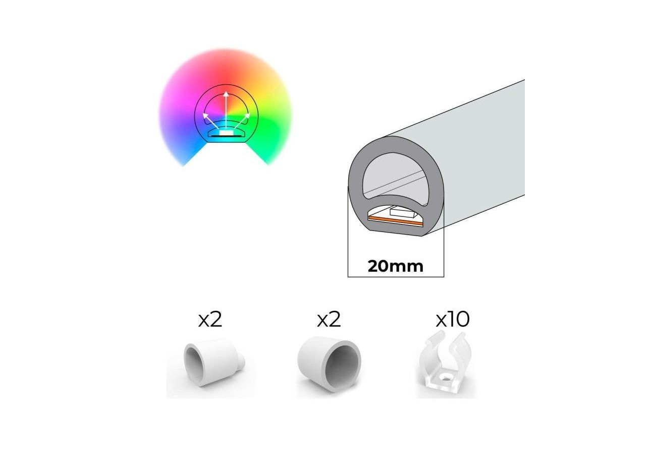 Néon LED flexible 360 degrés circulaire RGB-24 V-diamètre 20mm-5m-22W/m-Kit complet-IP67 - N20D-5M-RGB - Barcelona LED