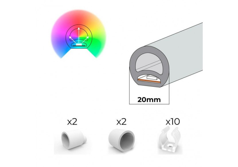 Néon LED flexible 360 degrés circulaire RGB-24 V-diamètre 20mm-5m-22W/m-Kit complet-IP67 - N20D-5M-RGB - Barcelona LED