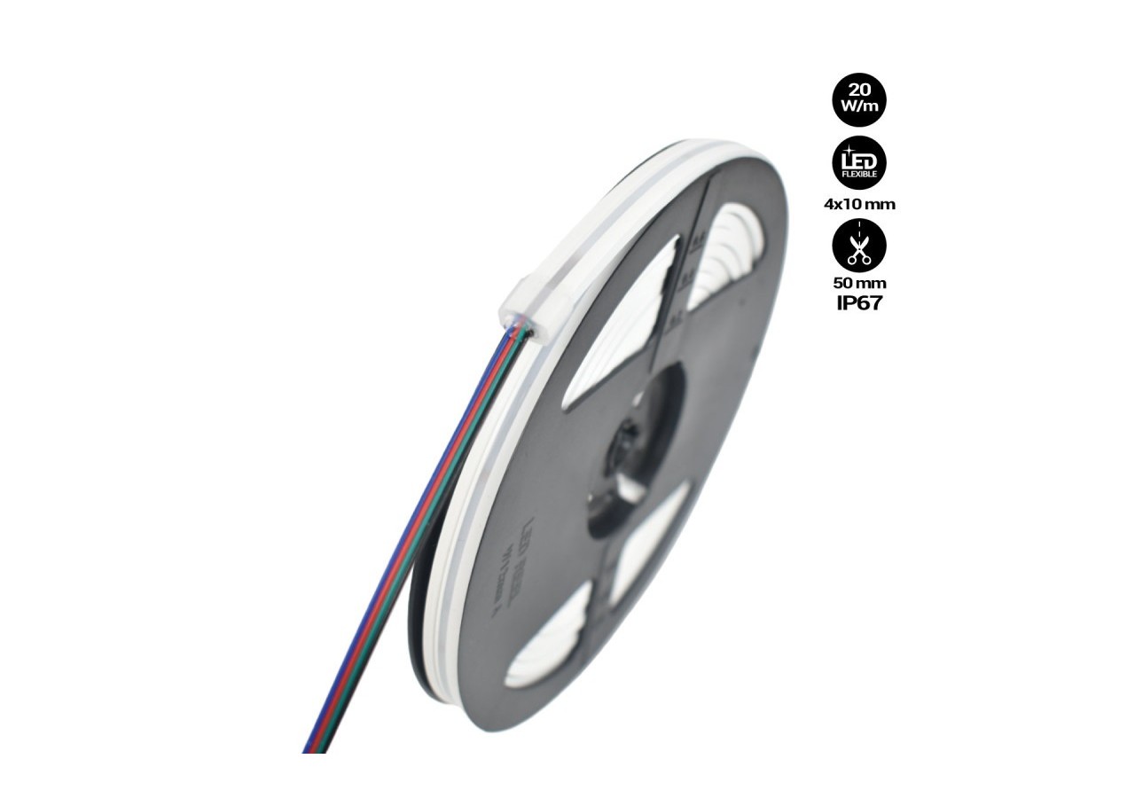 Néon LED RGB flexible-24V/DC 4x10mm-5m-Kit complet-IP67-20W/m-À courbure latérale - N410-5M-RGB - Barcelona LED