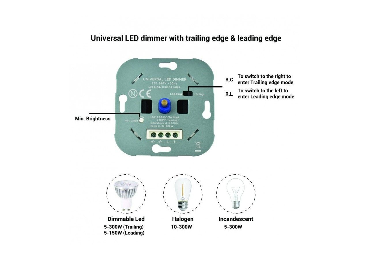 Variateur de puissance TRIAC 300W-Gradation leading/trailing edge-Fonction marche/arrêt - B708 - Barcelona LED
