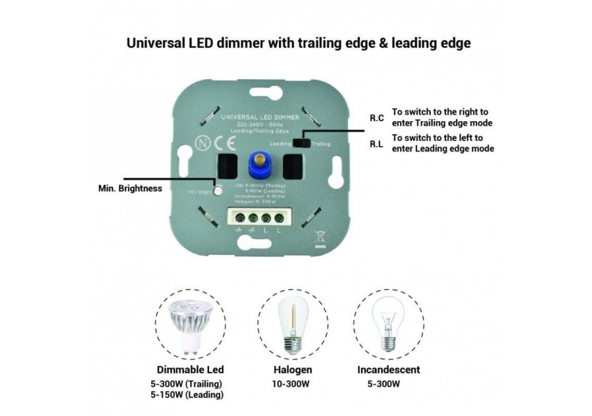 Variateur de puissance TRIAC 300W-Gradation leading/trailing edge-Fonction marche/arrêt - B708 - Barcelona LED