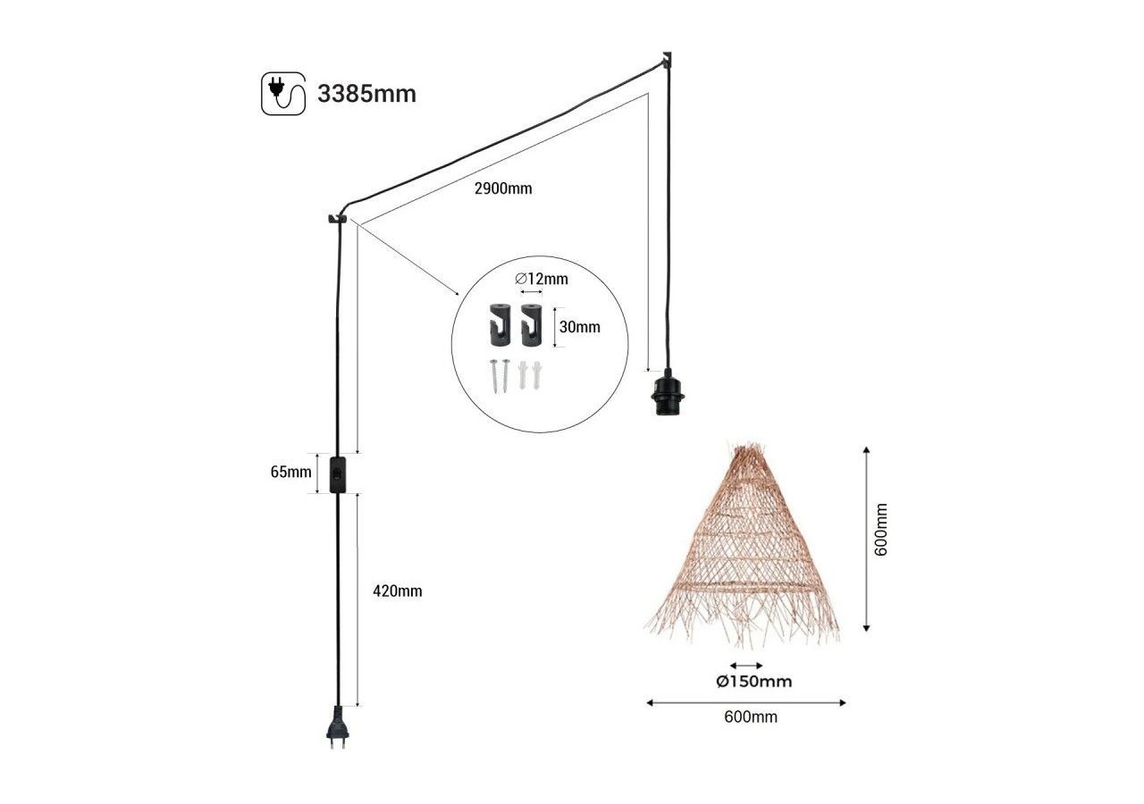 Suspension en osier "Willow" avec interrupteur et prise murale - K171-C-N - Barcelona LED