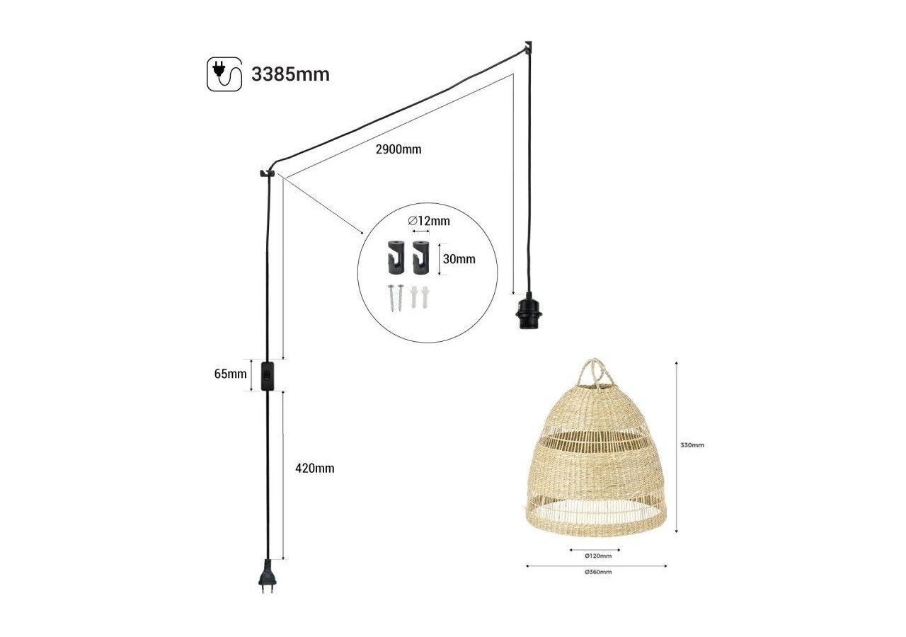 Suspension en osier "Ikken" avec interrupteur et prise murale - K172-C-N - Barcelona LED