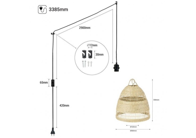Suspension en osier "Ikken" avec interrupteur et prise murale - K172-C-N - Barcelona LED Suspension en osier "Ikken" avec interrupteur et prise murale - K172-C-N - Barcelona LED