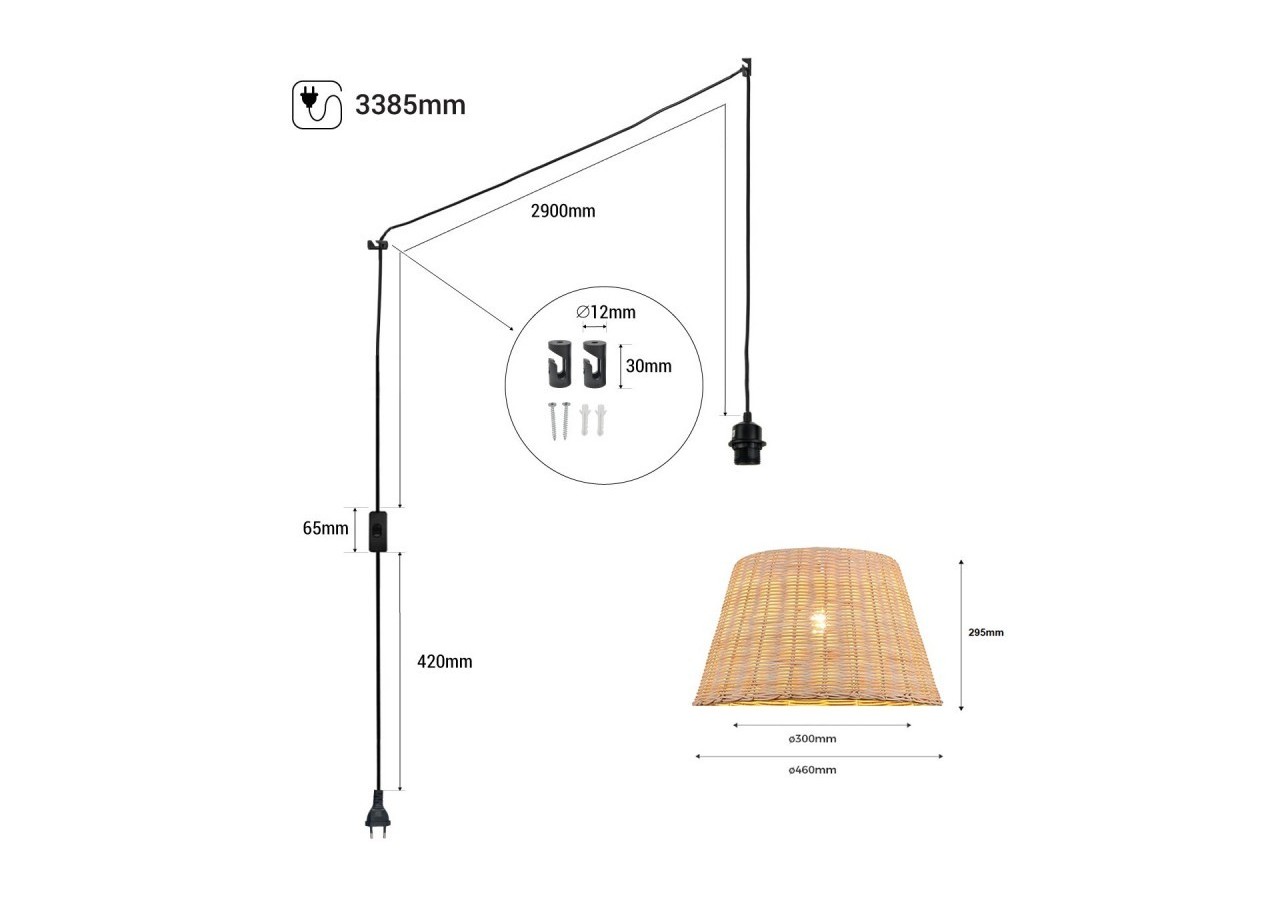 Suspension en osier "Hank" avec interrupteur et prise - K175-C-N - Barcelona LED