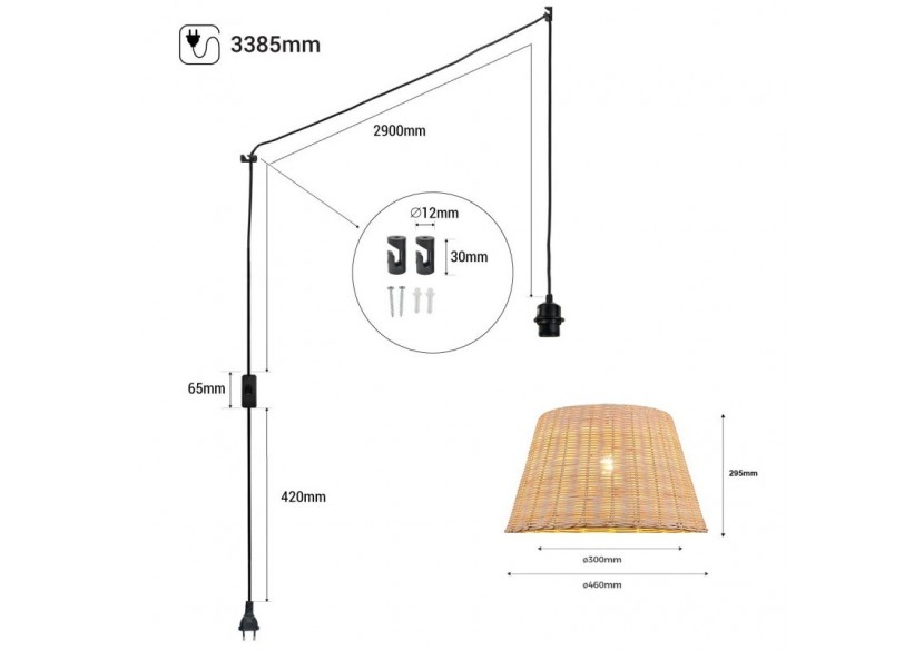 Suspension en osier "Hank" avec interrupteur et prise - K175-C-N - Barcelona LED Suspension en osier "Hank" avec interrupteur et prise - K175-C-N - Barcelona LED