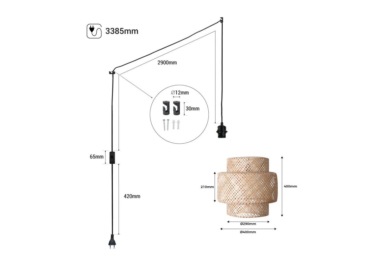 Suspension en osier "Onna" avec interrupteur et prise - K176-C-N - Barcelona LED