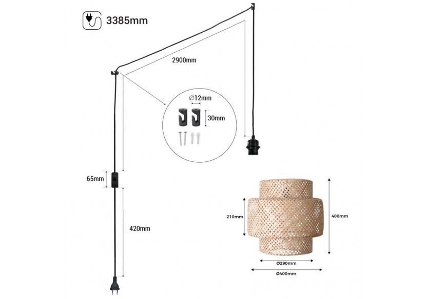 Suspension en osier "Onna" avec interrupteur et prise - K176-C-N - Barcelona LED Suspension en osier "Onna" avec interrupteur et prise - K176-C-N - Barcelona LED