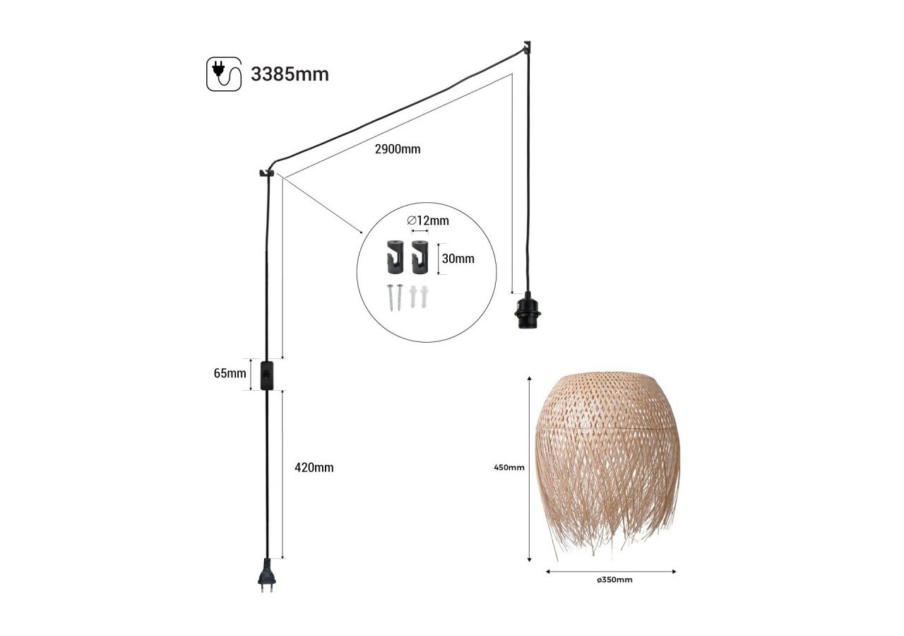 Suspension en rotin "Java" avec interrupteur et prise - K180-C-N - Barcelona LED