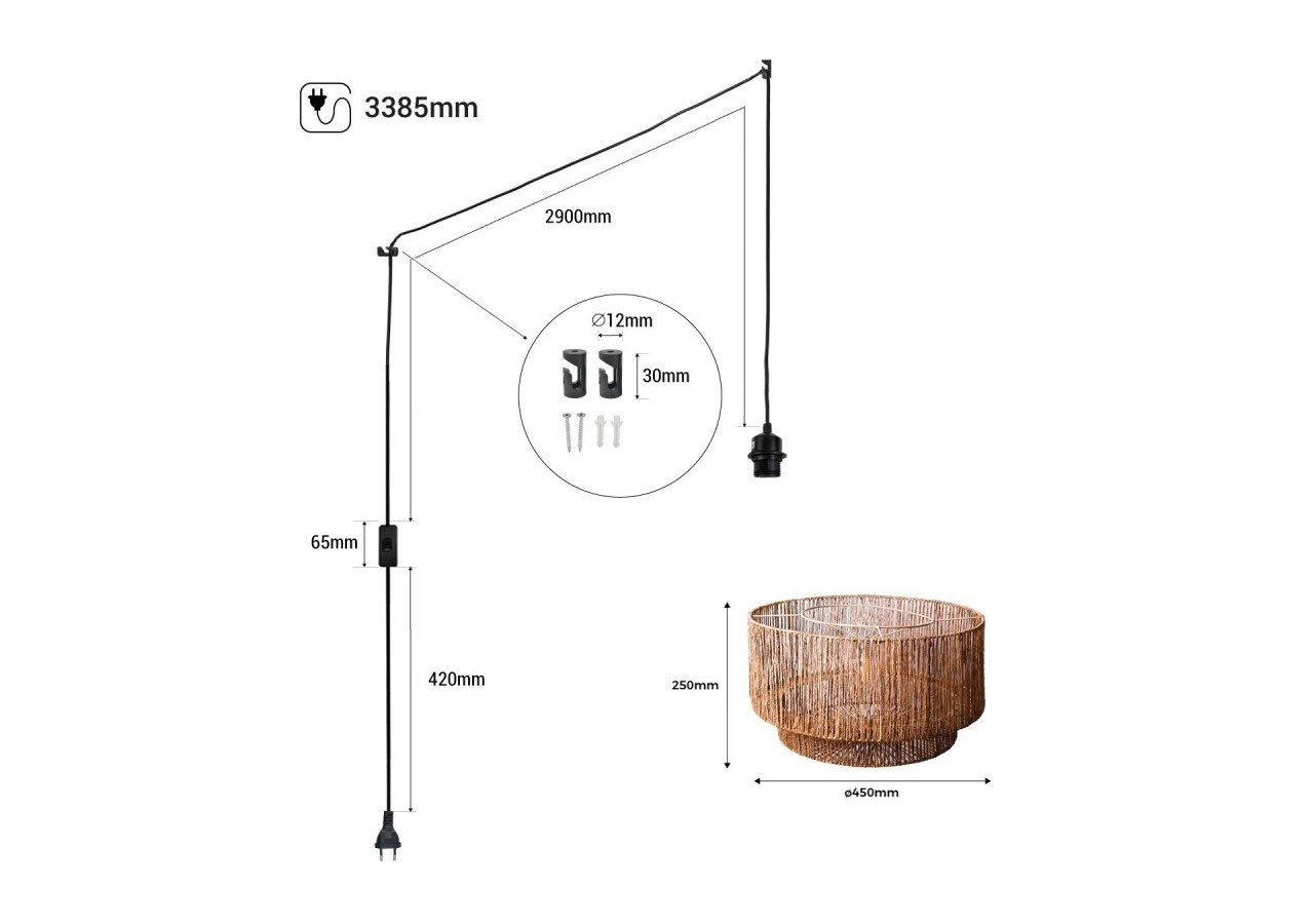 Suspension en jute "Bali" avec interrupteur et prise - K181-C-N - Barcelona LED