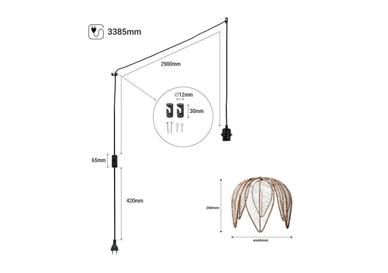 Suspension en rotin "Bintan" en forme de fleur avec interrupteur et prise - K182-C-N - Barcelona LED