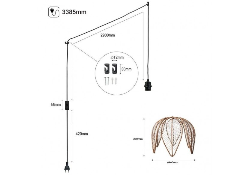 Suspension en rotin "Bintan" en forme de fleur avec interrupteur et prise - K182-C-N - Barcelona LED