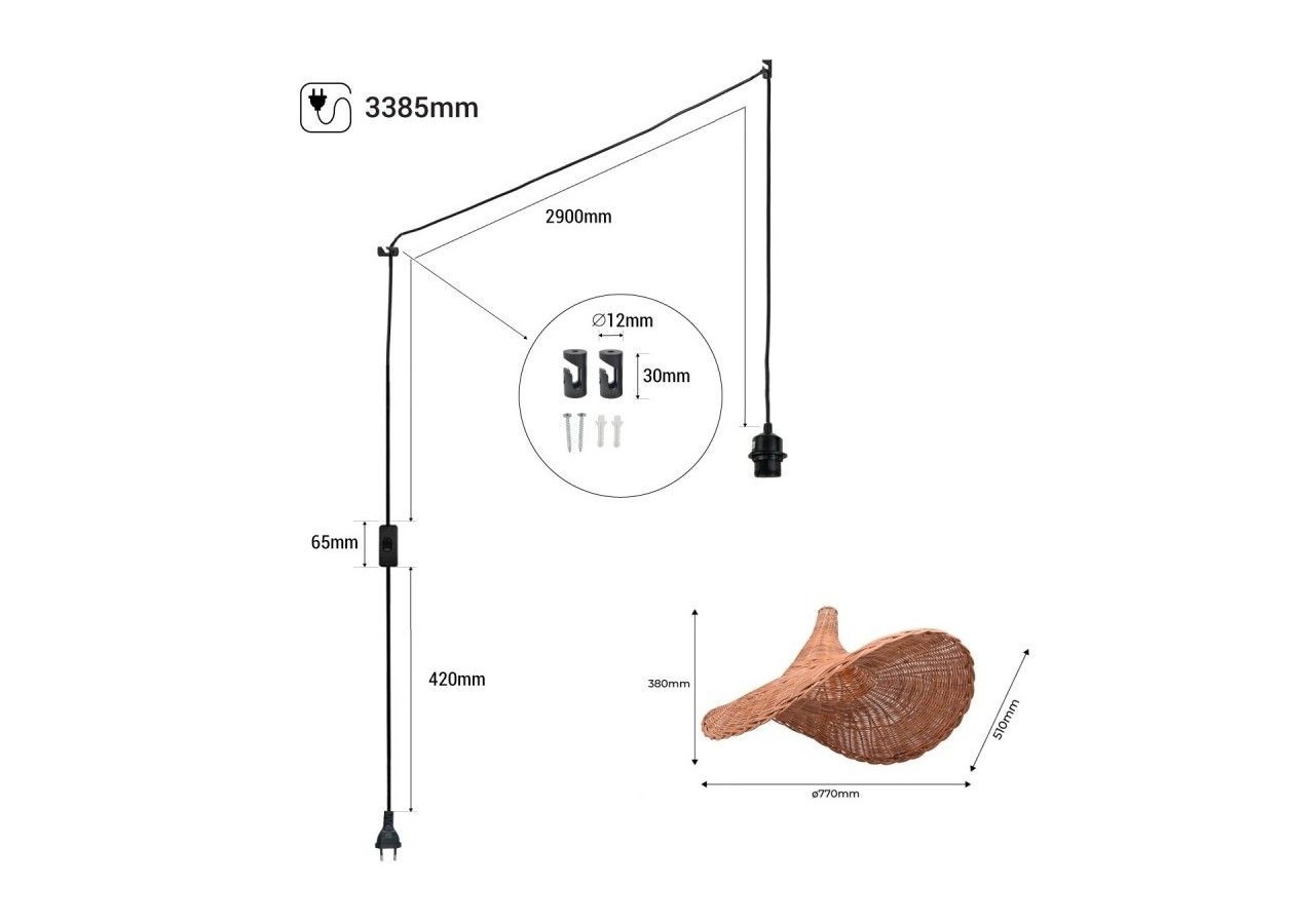 Suspension en osier "Tien" avec interrupteur et prise - K183-C-N - Barcelona LED