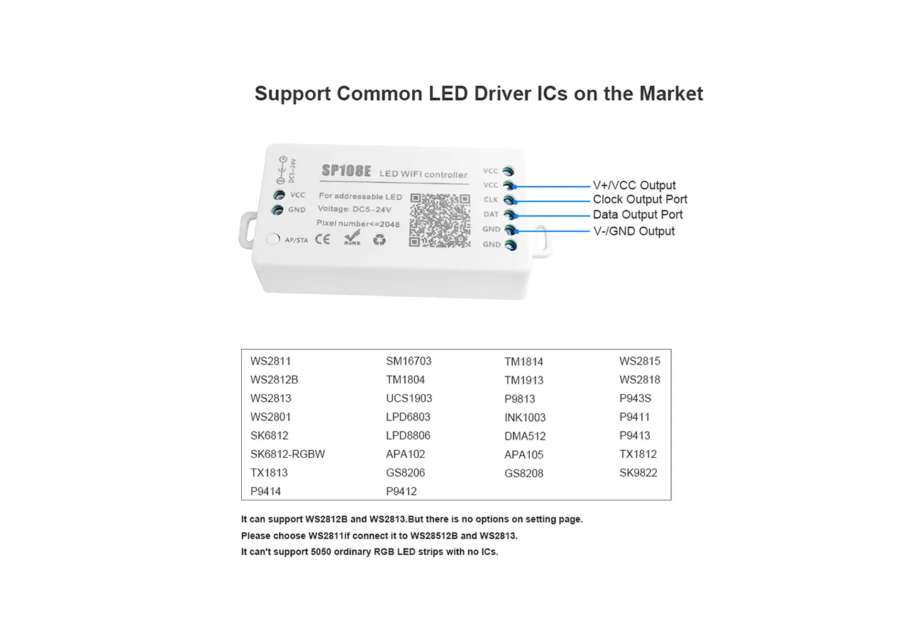 Contrôleur LED IC pixel WIFI RGB/RGBW-5-24V DC-2048 pixels - SP108E - Barcelona LED