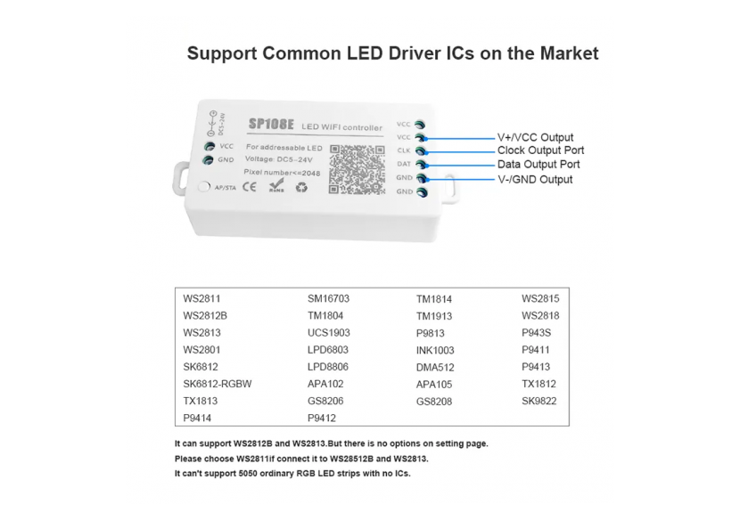 Contrôleur LED IC pixel WIFI RGB/RGBW-5-24V DC-2048 pixels - SP108E - Barcelona LED