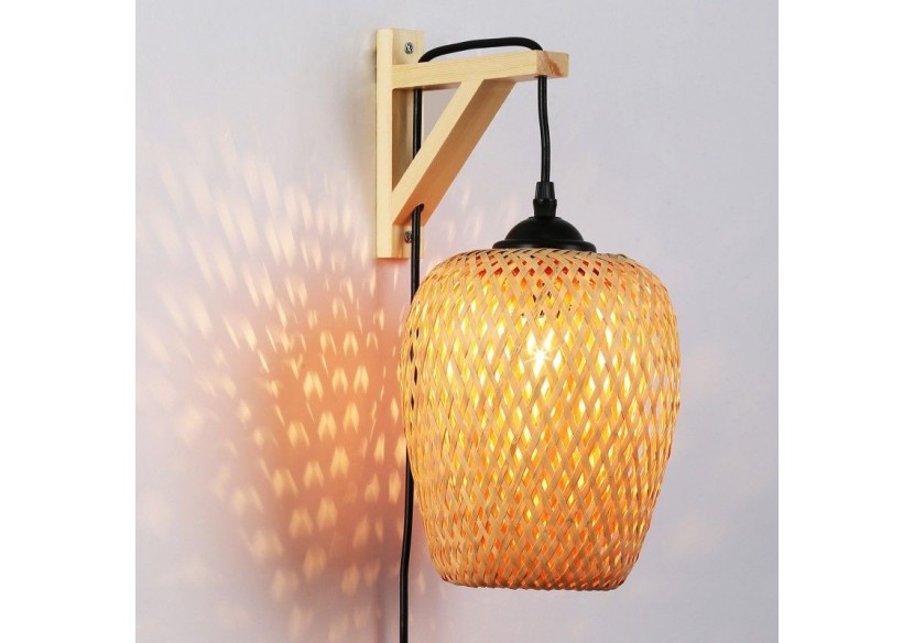 Applique murale en bois "Alan" avec abat-jour en osier et câble avec interrupteur et prise - LN126-N - Barcelona LED