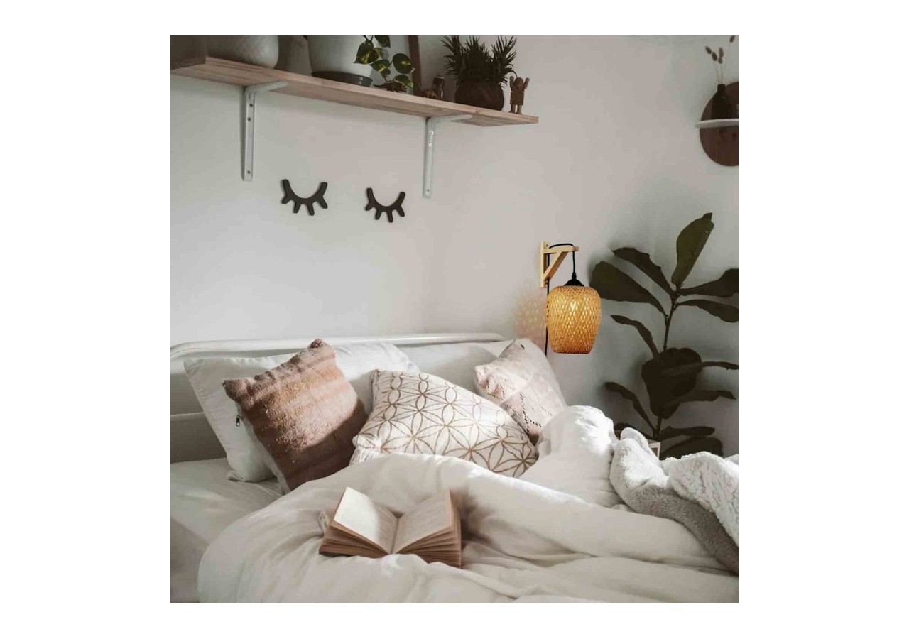 Applique murale en bois "Alan" avec abat-jour en osier et câble avec interrupteur et prise - LN126-N - Barcelona LED