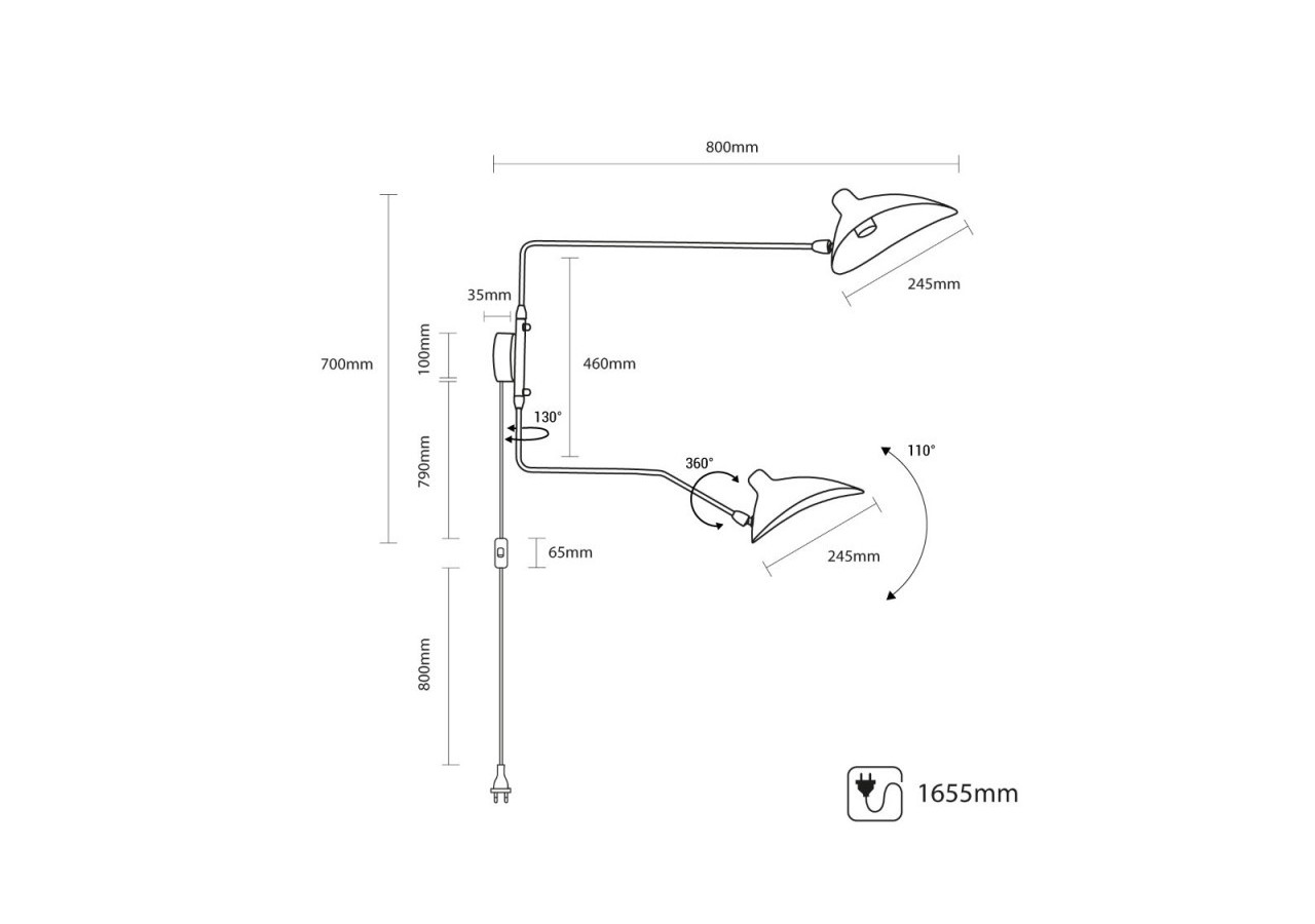 Applique murale design "Louise" avec interrupteur et prise-2xE27 - L3071-2-EU-N - Barcelona LED