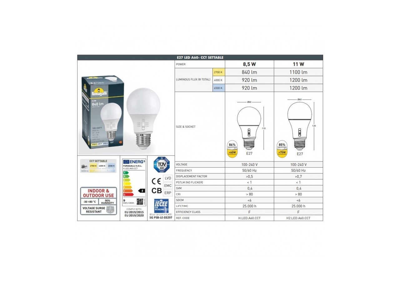 Ampoule LED E27 A60-8,5W-CCT-Fumagalli - H.LED.A60.CCT - Barcelona LED