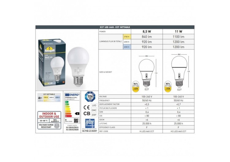 Ampoule LED E27 A60-11W-CCT-Fumagalli - H2.LED.A60.CCT - Barcelona LED 2
