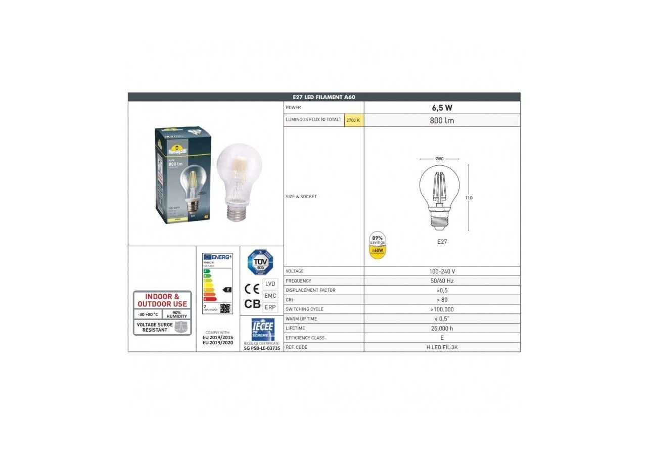 Ampoule LED à filament E27-6,5W-Fumagalli-2700K - H.LED.FIL.3K(V3) - Barcelona LED