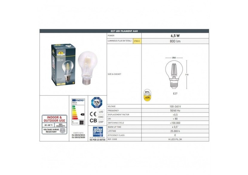 Ampoule LED à filament E27-6,5W-Fumagalli-2700K - H.LED.FIL.3K(V3) - Barcelona LED